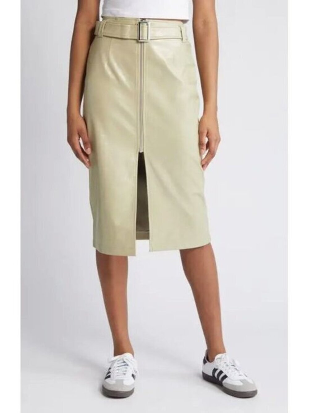 Noisy May Kane Belted Faux Leather Midi Skirt Front Zip in Sage Green Size S